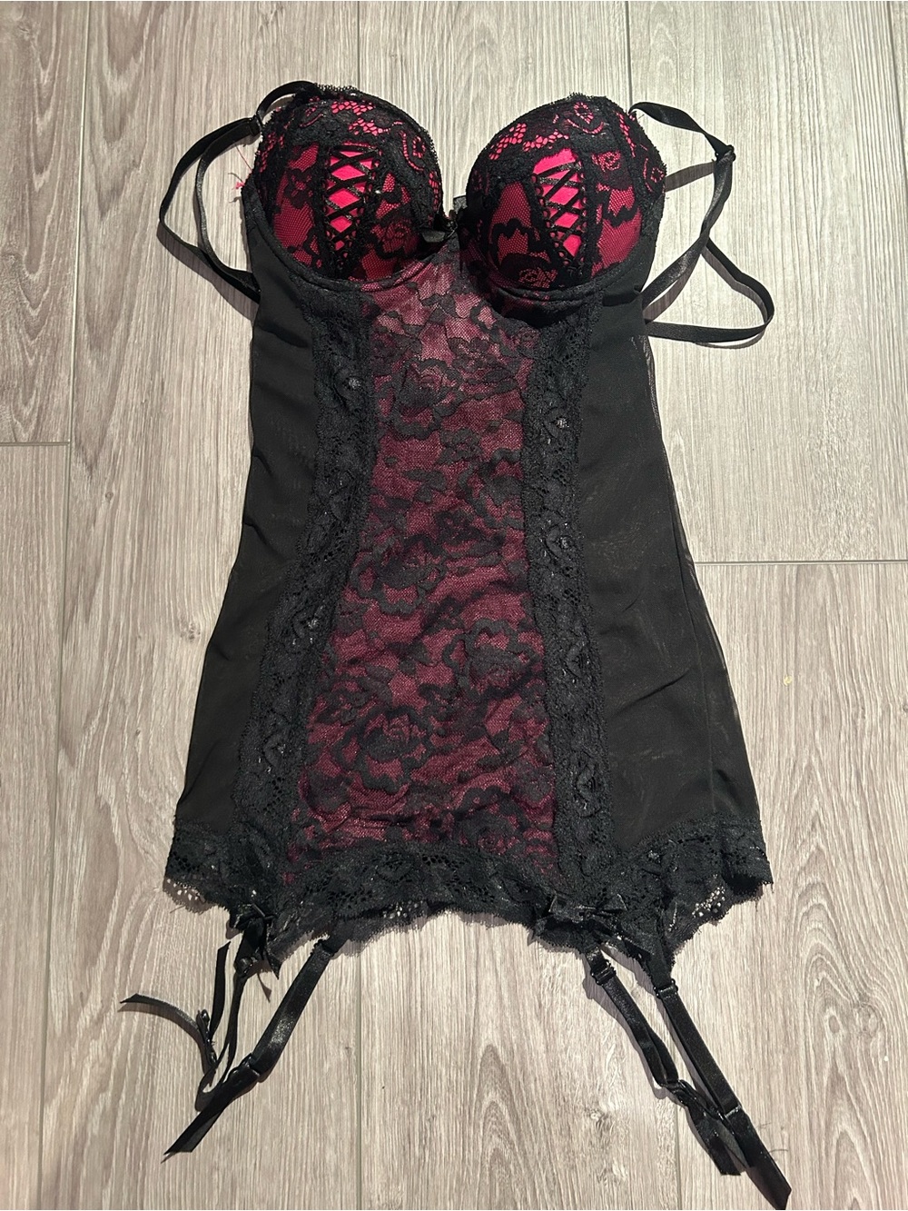 Black And Pink Lace/Mesh Lingerie Top with Ribbons